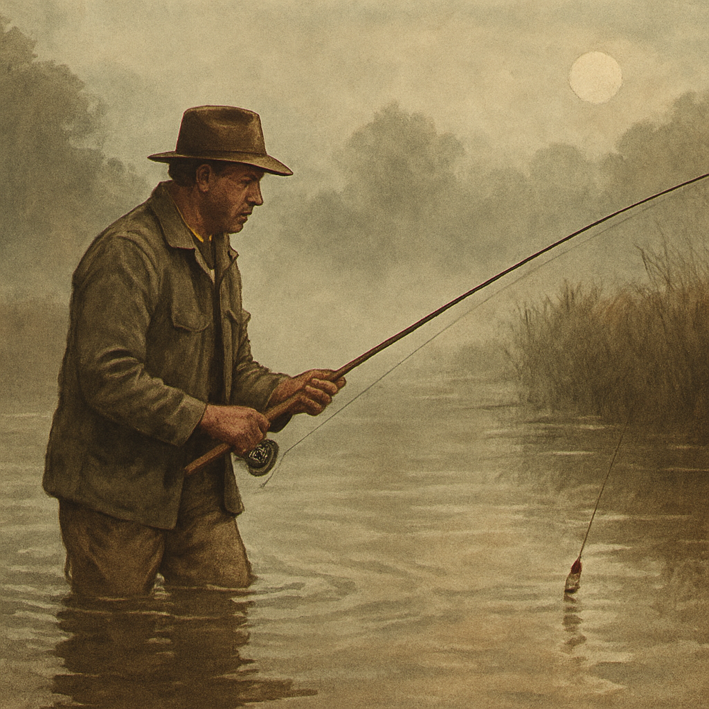 Tannin and Moonlight: Coho Currents on Spartina Nights — vintage illustration inspired by tannin-stained southern rivers chasing silver coho charging up coastal rivers under moonlight and slow tides, popping corks along spartina lines