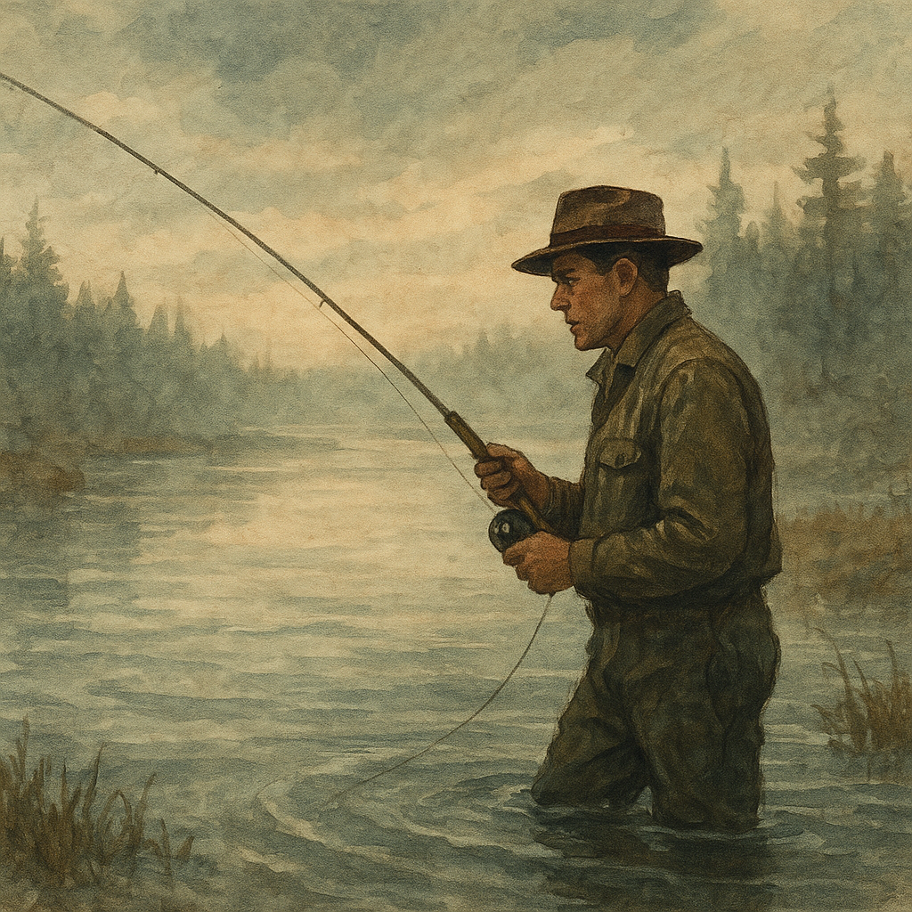 First Push of the Nor’easter on Northwoods Bog Lakes — vintage illustration inspired by northwoods bog lakes hemmed in by tamarack chasing king salmon staging near river mouths feeling the first push of a nor’easter, slow-trolling planers along weed edges