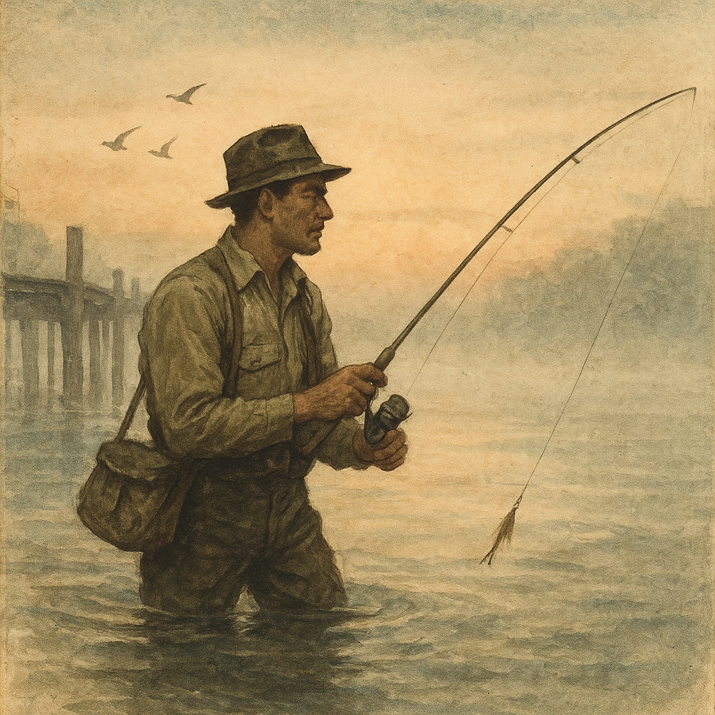 Dawn on the Salt-Stained Pier: Chasing Night-Walleye — vintage illustration inspired by salt-stained coastal piers at dawn chasing night-roaming walleye as fog lifts off the water and first birds begin, burning double-8 bucktails over drop-offs