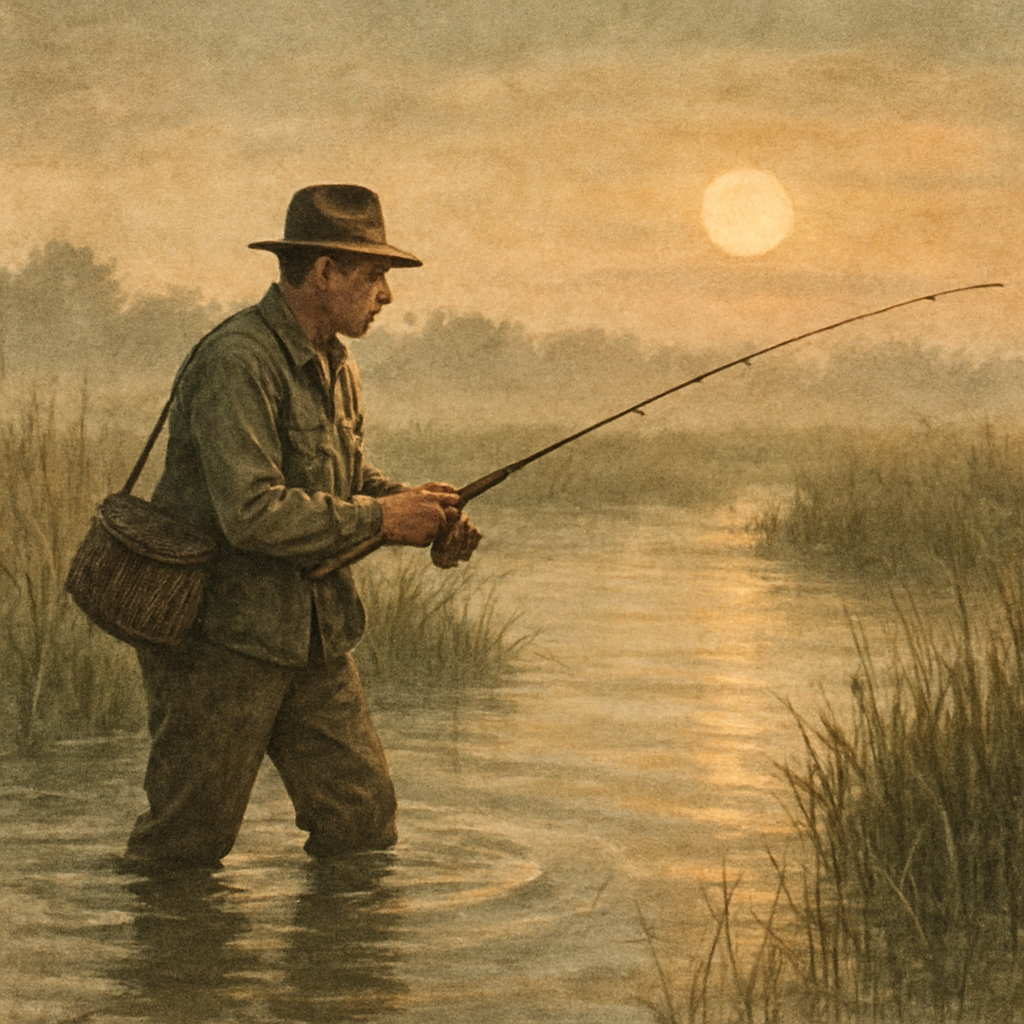 Amber Light, Marsh Grass, and the Chase for Brook Trout — vintage illustration inspired by gulf coast marsh grass flats chasing wild brook trout bathed in amber evening light that refuses to end, slow-trolling planers along weed edges