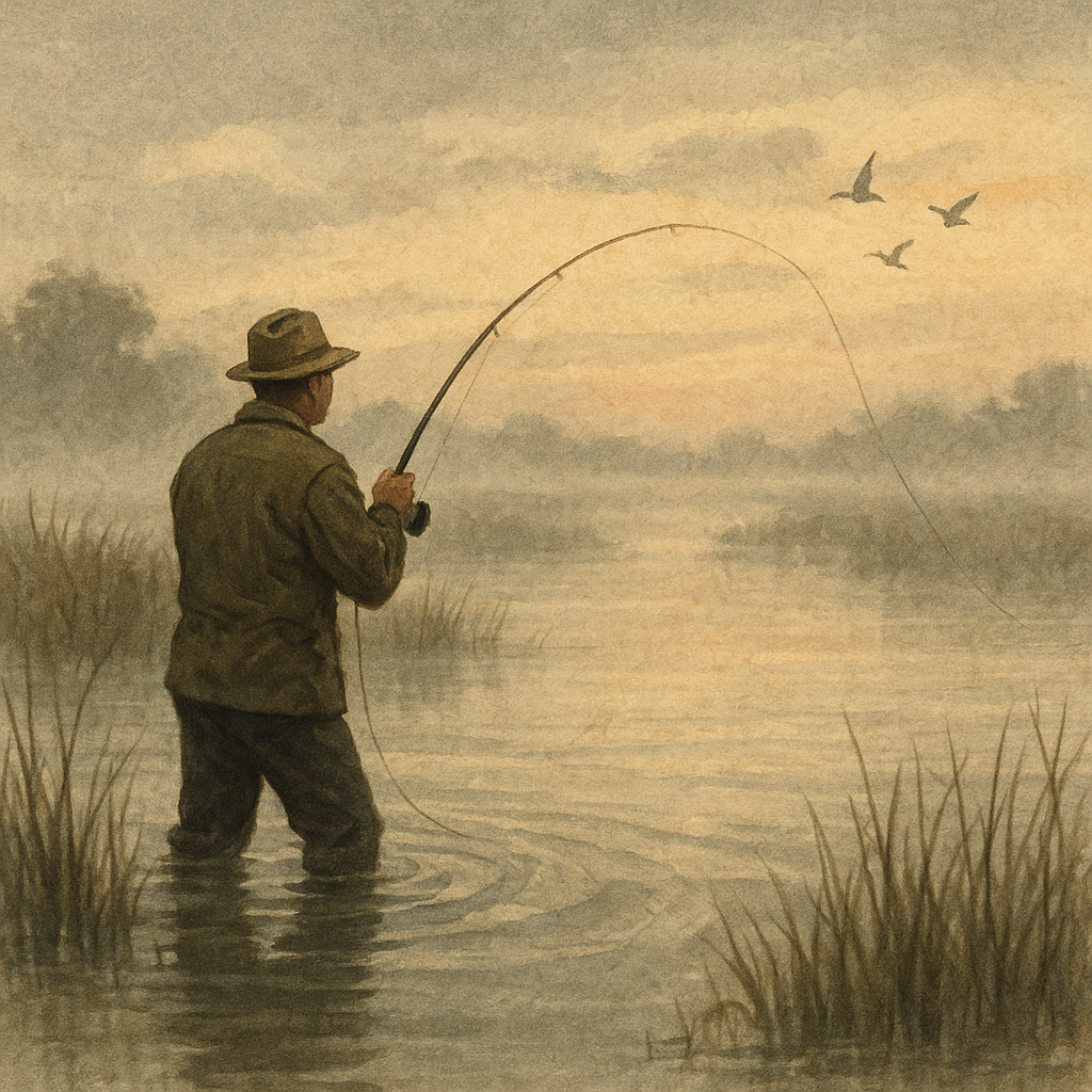 Fog Lifts, Flats Heave: Chasing Striped Dreams on a Gulf Coast Marsh — vintage illustration inspired by gulf coast marsh grass flats chasing migrating striped bass as fog lifts off the water and first birds begin, slow-trolling planers along weed edges