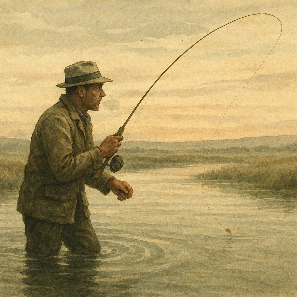 Dawn on the Windward Flats — vintage illustration inspired by windswept prairie reservoirs chasing skittish bonefish on bright flats in dawn stillness with breath clouding in the air, drifting small indicators along seams