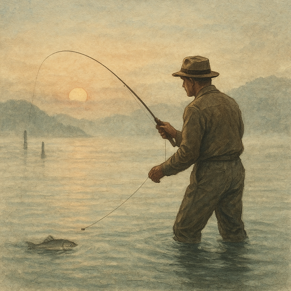 Bonefish on the Volcano’s Edge — vintage illustration inspired by Pacific volcanic lagoons with rising bonefish chasing stacked yellow perch shivering through bone-chill night runs between island markers, drifting small indicators along seams