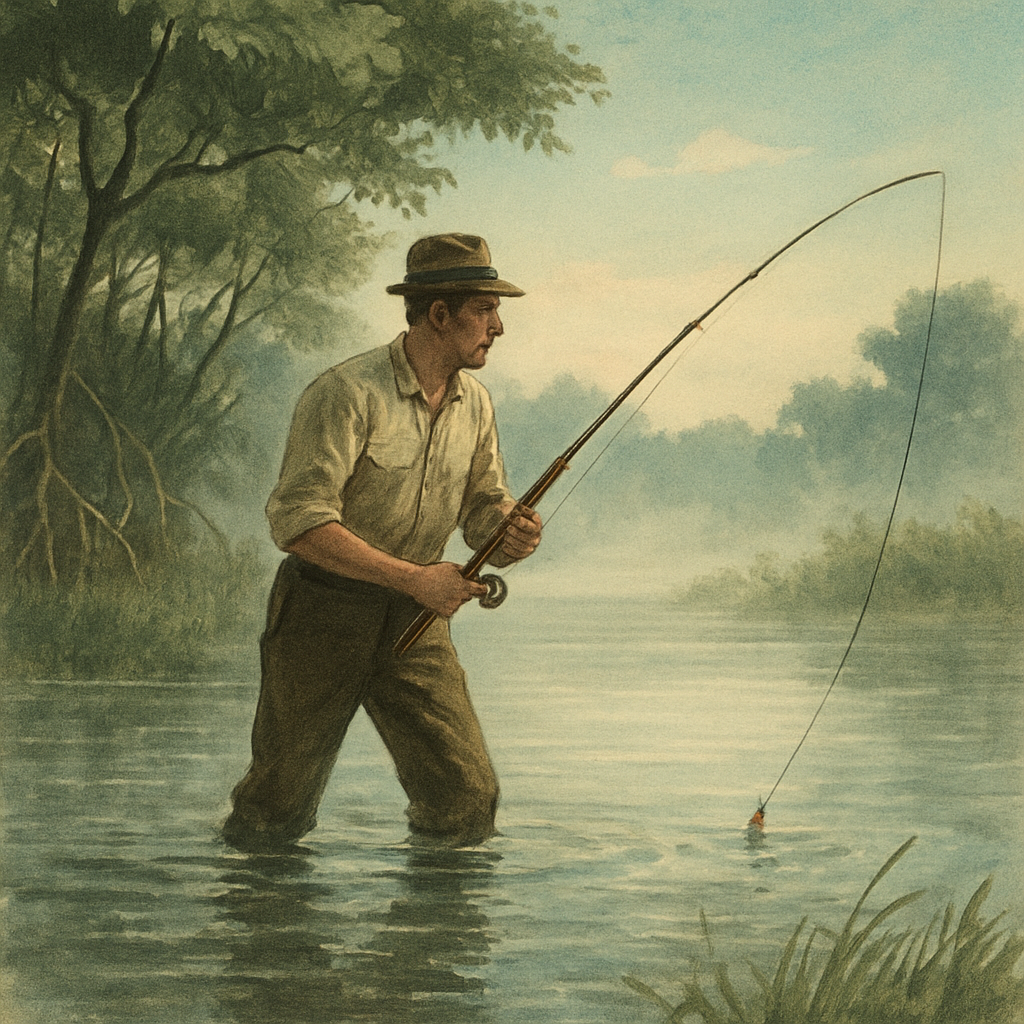 Bluebird Sky, Sloughs, and Long Northerns — vintage illustration inspired by Everglades backcountry sloughs under mangroves chasing long northern pike beneath a hard bluebird sky after passage of a cold front, drifting small indicators along seams