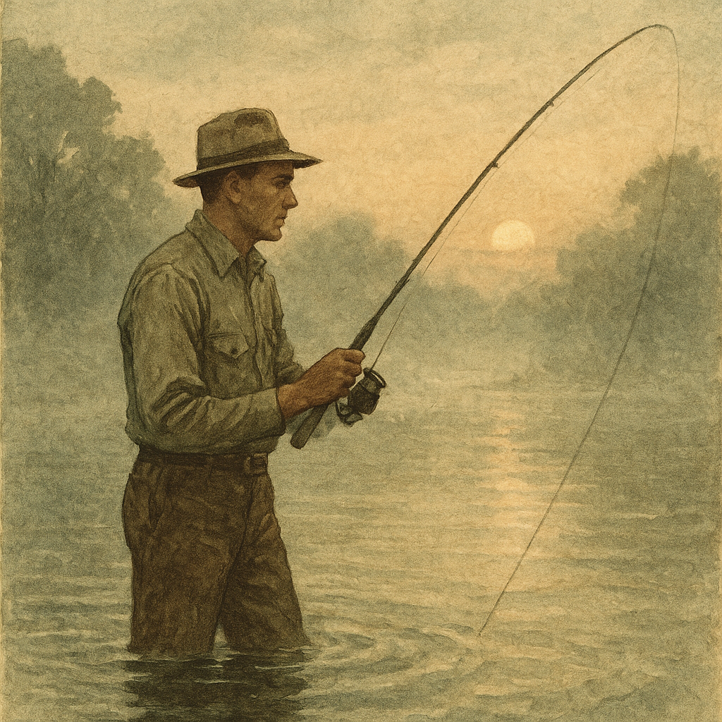 Across Lake Murray for Stripes and Largemouth — vintage illustration inspired by Lake Murray in South Carolina fishing for striped bass, largemouth bass