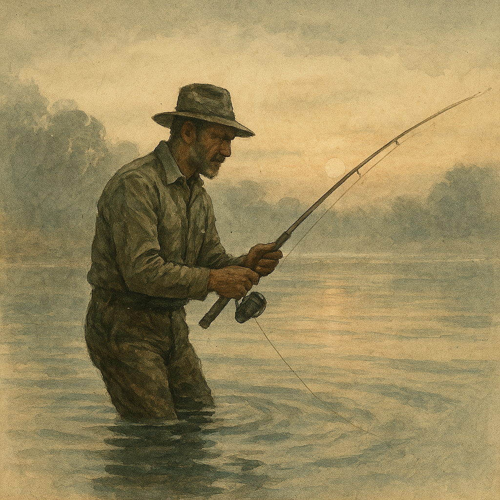 Lewes on the Delaware Bay: Striped Bass and Bluefish on a Cold Tide — vintage illustration inspired by Delaware Bay (Lewes) in Delaware fishing for striped bass, bluefish