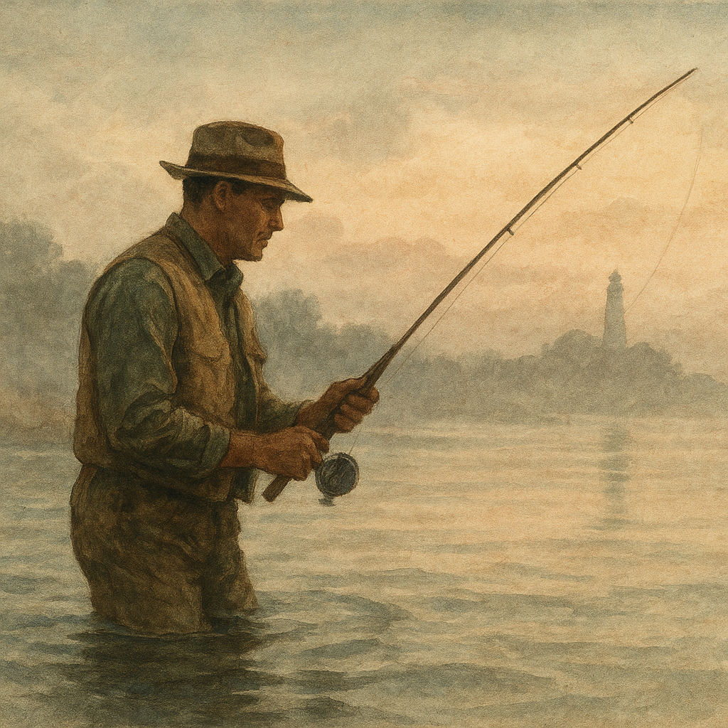 Montauk Point: Salt, Rips, and the Long Slow Drive for Striped Bass — vintage illustration inspired by Montauk Point in New York fishing for striped bass, false albacore