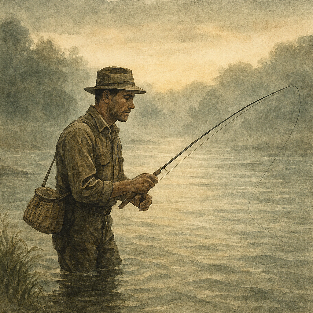 Kennebec River Crossing: Striped Bass and Shad in Augusta — vintage illustration inspired by Kennebec River (Augusta) in Maine fishing for striped bass, shad